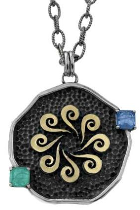 Bohemme Colgante Plata 925/000 y oro laminado de 18K, Dobletes Cuarzo Esmeralda y Tanzanita + Cadena de 60 cm
