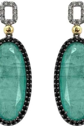 Bohemme Pendientes Plata 925/000 y oro laminado de 18k, dobletes Cuarzo Esmeralda, espinelas negras y zafiros blancos