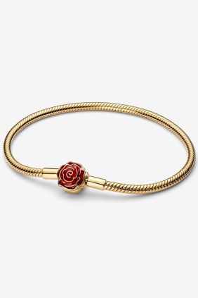 Pandora Pulsera Cadena de serpiente con cierre Rosa Encantada de La Bella y la Bestia de Disney Recubrimiento en oro de 14k