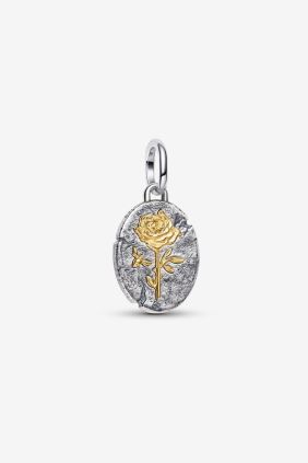 Charm Medallón y Rosa Plata de primera ley, Recubrimiento en oro de 14k