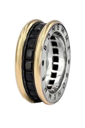 Bohemme Anillo Plata 925/000 y oro laminado de 18K y Espinelas negras talla princesa.