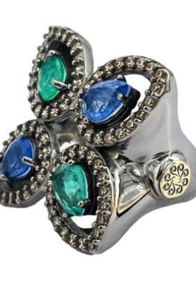 Bohemme Anillo Plata 925/000 y oro laminado de 18K, Circonitas Champán y Dobletes de Cuarzo Esmeralda y Tanzanita.