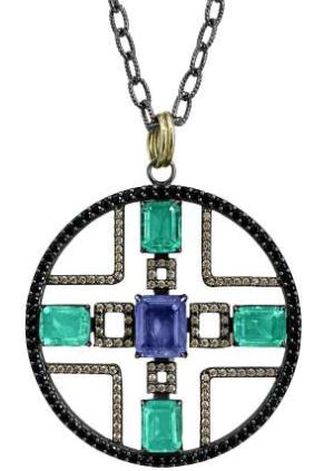 Bohemme Colgante Plata 925/000 y oro laminado de 18k, Dobletes Cuarzo Esmeralda, espinelas negras y circonitas champán + cadena de 60 cm.