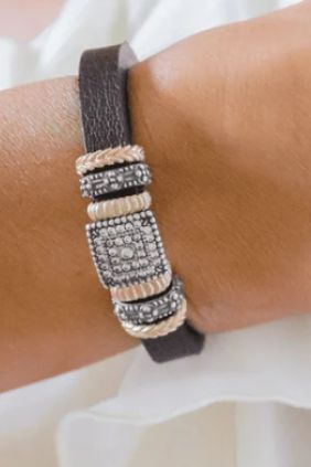 Pulsera Mujer Cali de cuero con plata 925 y circonitas