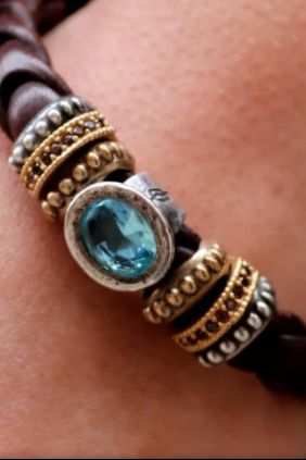 Pulsera PlatadePalo Mujer Banar de cuero trenzado y cuarzo azul