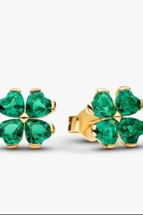 Pandora Pendientes de botón Trébol de la Suerte Verde