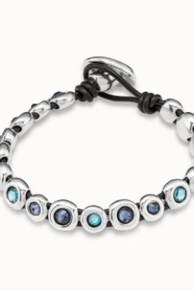 Pulsera de cuero marrón bañada en plata de ley y cristales azules Unode50