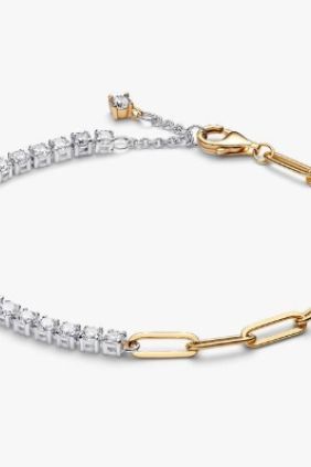 Pandora  Pulsera Tenis y Eslabones Plata de primera ley, Recubrimiento en oro de 14k