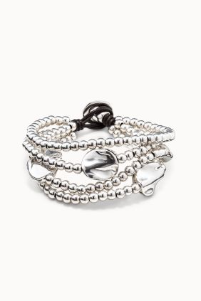 Unode50 Pulsera de cuero marrón y cuentas bañadas en plata de ley