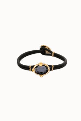 Pulsera de cuero y baño en 18k con cristal facetado ovalado negro Unode50