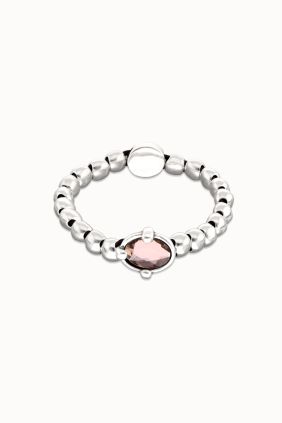 Pulsera de bolas bañada en plata con cristal facetado ovalado rosa