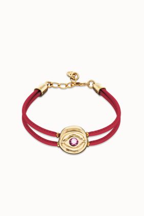 Pulsera doble de cuero fucsia con ojo bañado en oro 18k Unode50