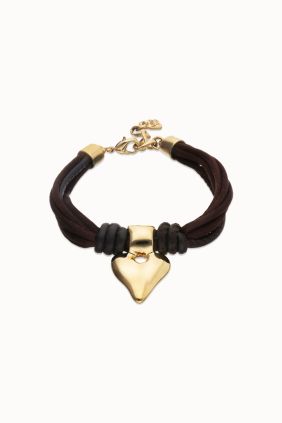 Pulsera en hilo de seda y cuero marrón con corazón bañado en oro 18k Unode50