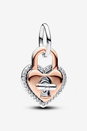 Pandora Charm Colgante Doble Corazón Candado Giratorio en Dos Tonos