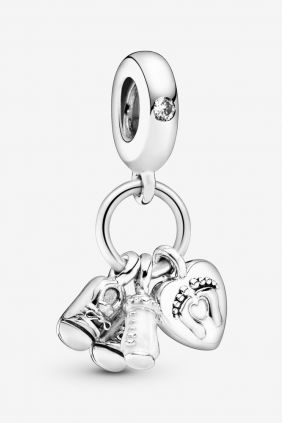 Pandora Charm plata colgante biberon patucos corazón