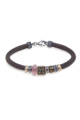 PlatadePalo Pulsera Mujer Bruna de cuero con cristal rosa
