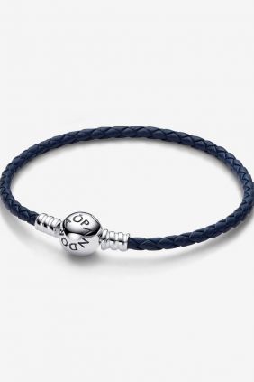 Comprar online Pulsera Cuero Trenzado Azul Cierre Redondo Pandora Moments4